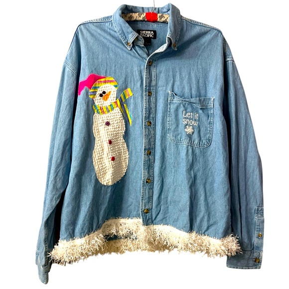 Sierra Pacific Denim Snowman Embroidered Button Up Holiday Shirt Size Large - Picture 1 of 5